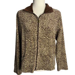 Oleg Cassini Velour Full Zip Sweatshirt M Brown Leopard Print Pockets Collar